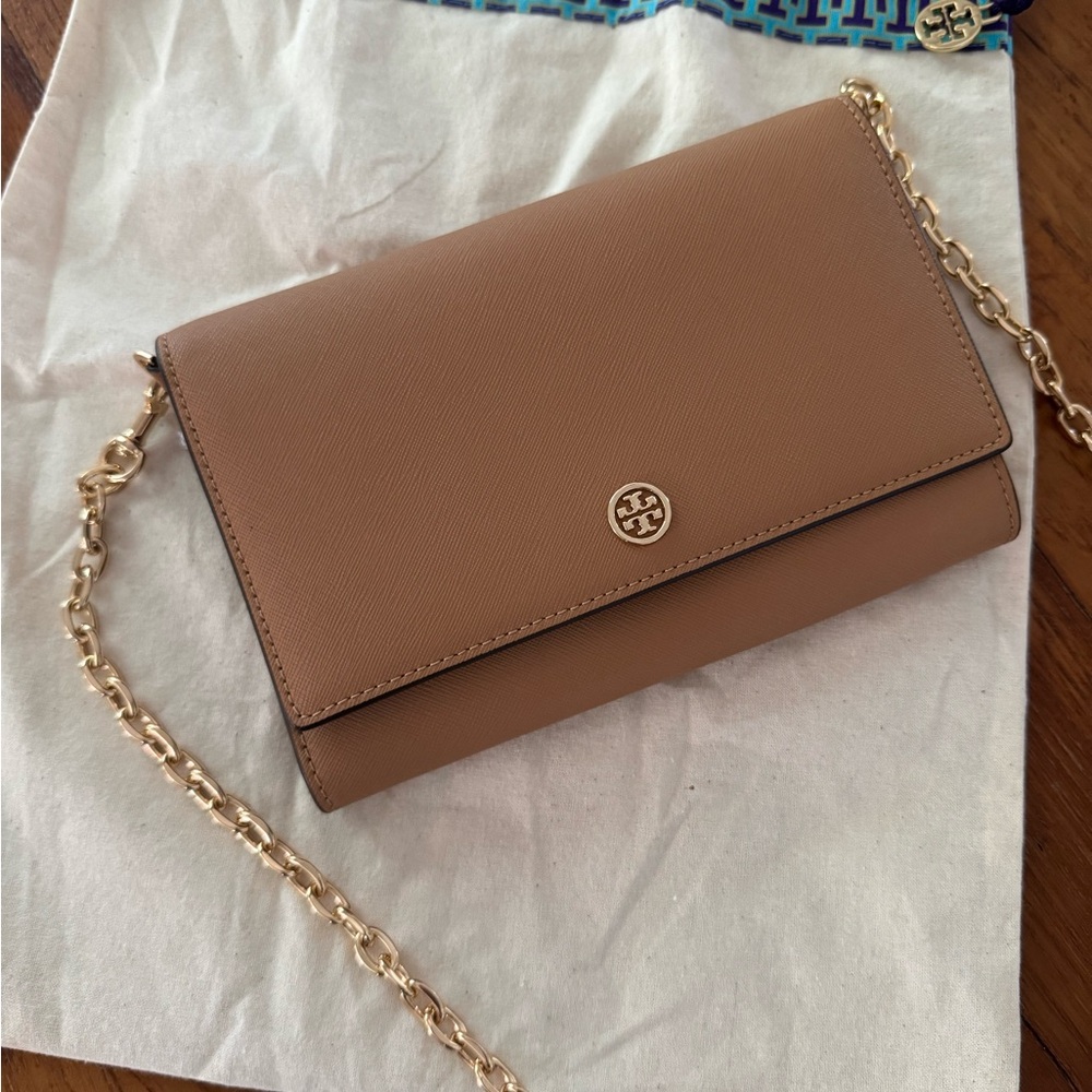 Tory Burch Tan Gold Crossbody Bag with Chain Strap